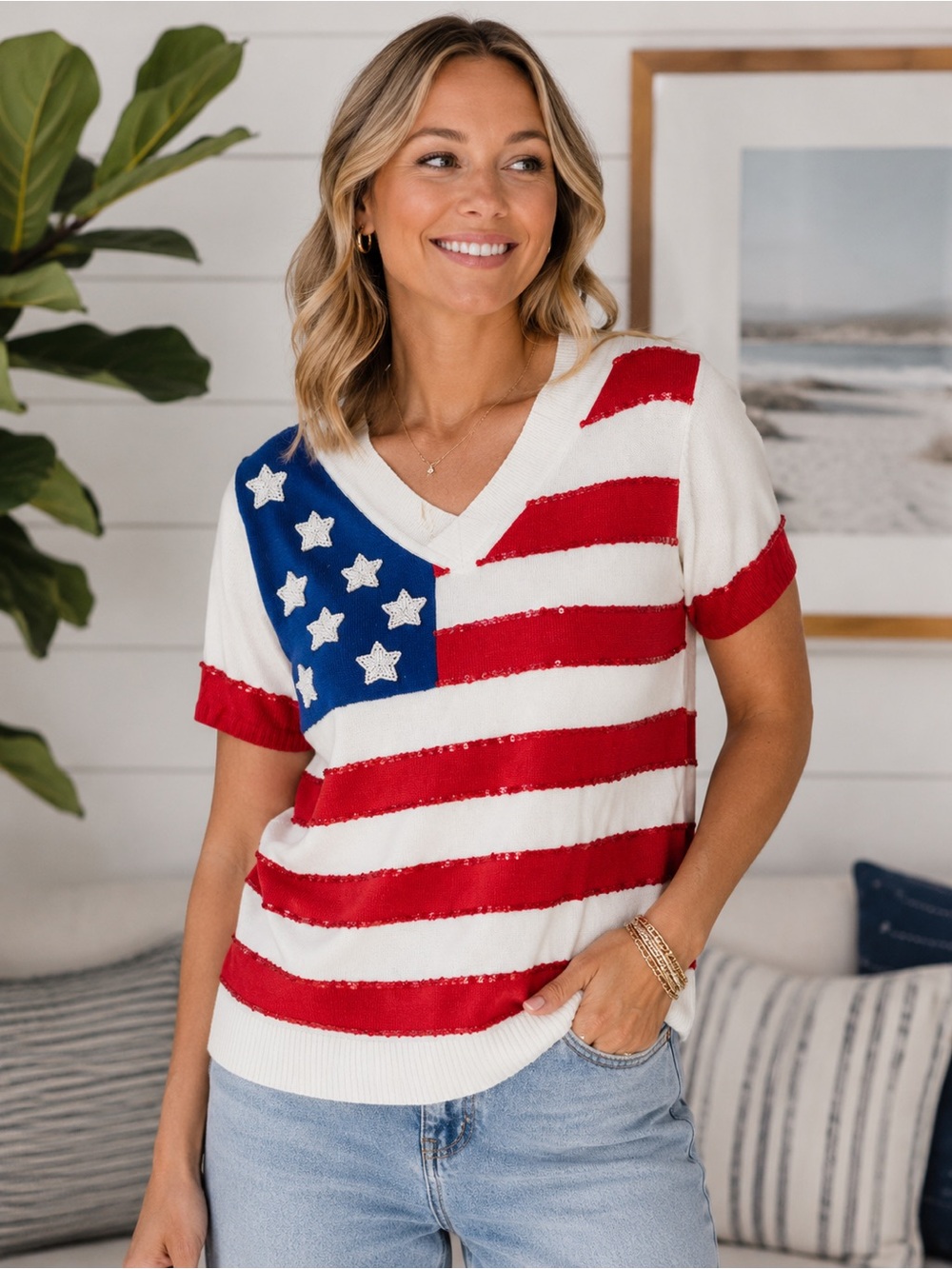 Vintage Smitten by Michael Simon American Flag Sweater | Beaded L